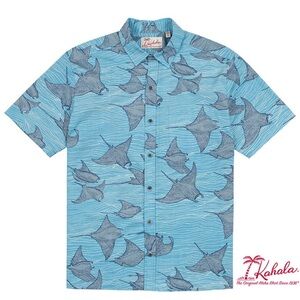 Kahala Manta Ray Hawaiian shirt Size S Blue Ocean Cotton